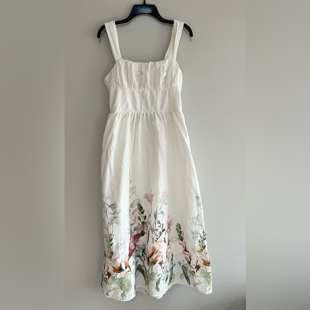 H&M Printed Linen-Blend Sleeveless White Floral Garden Party Midi Dress, Medium - Picture 2 of 14